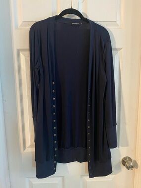 Micros Navy Open-Front Long Cardigan with Snap Trim